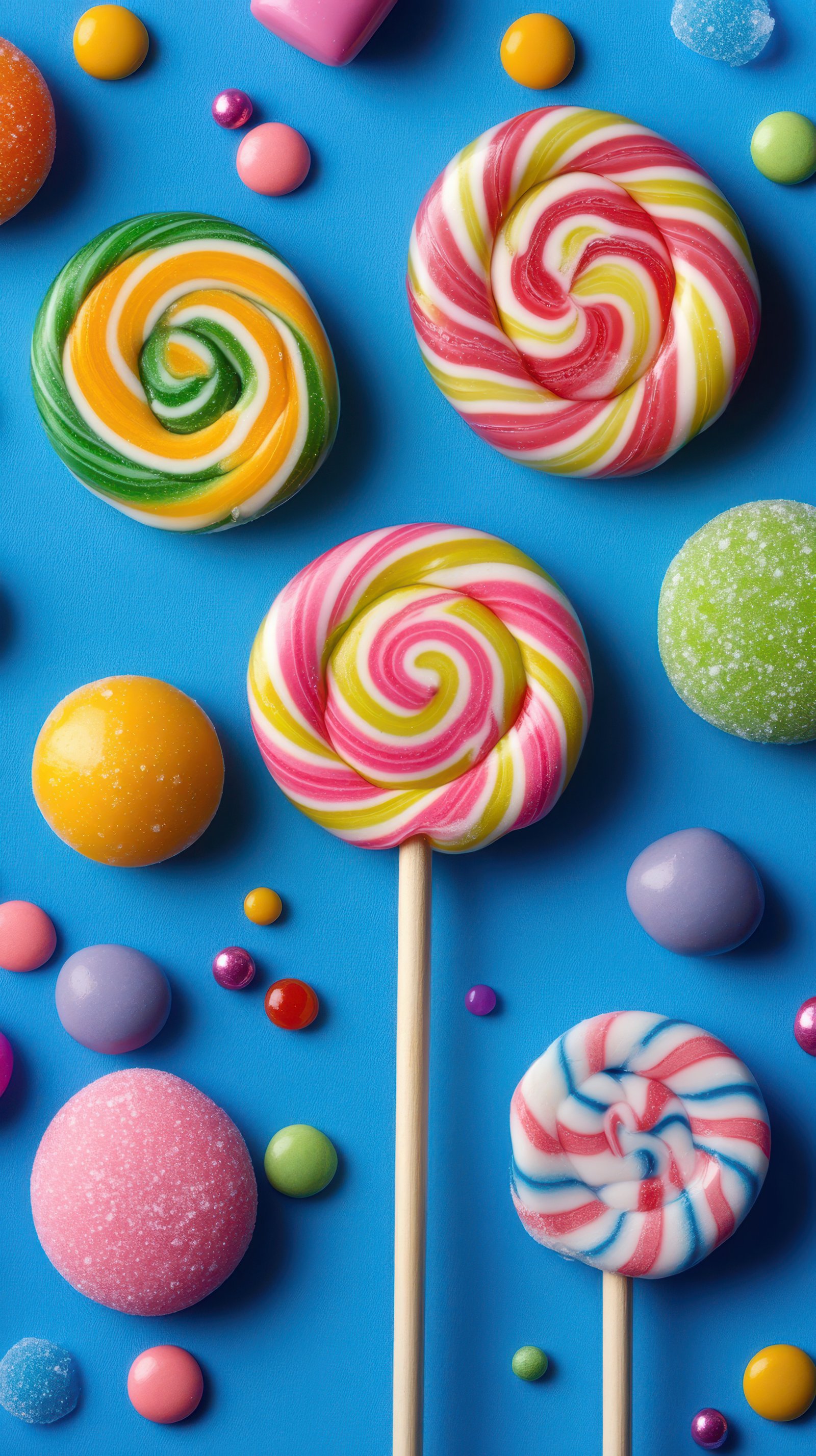 Colorful lollipops and candy arranged on a bright blue background for a fun and playful atmosphere
